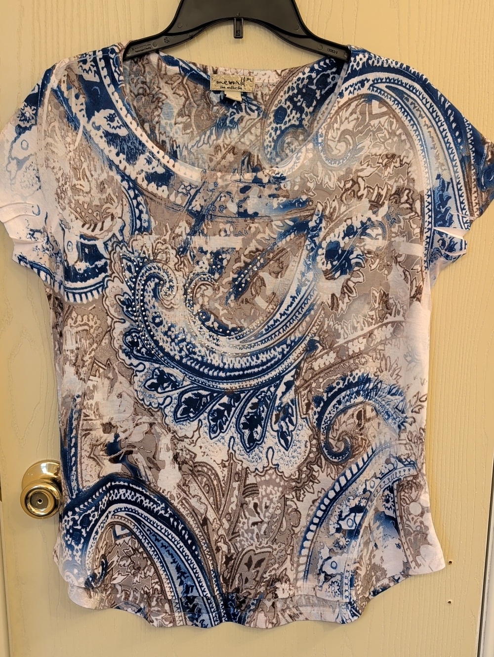 One World Blue Paisley Studded Short Sleeve Top Petite Large Boho Lightweight